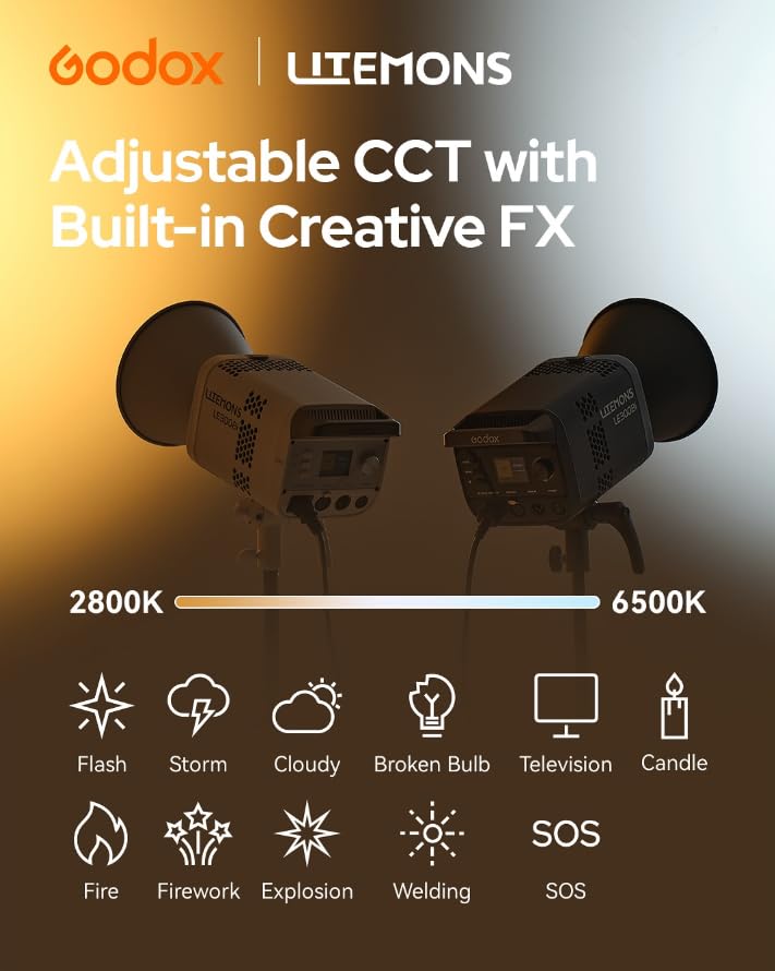 Godox LE300Bi Bi-Color LED Light, 320W GODOX Light All Metal Body,CRI/TLCI98+, CCT 2800K-6500K/11 FX Effects/Bowens Mount/Whisper-Quiet Fan, App/DMX/NFC/CRMX Control, for Video, Streaming & Studio