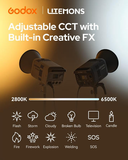 Godox LE300Bi Bi-Color LED Light, 320W GODOX Light All Metal Body,CRI/TLCI98+, CCT 2800K-6500K/11 FX Effects/Bowens Mount/Whisper-Quiet Fan, App/DMX/NFC/CRMX Control, for Video, Streaming & Studio