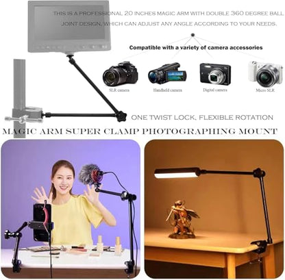 20" Magic Arm Clamp Kit with 1/4" & 3/8" Thread Clamp,Adjustable Friction arm- Articulating arm,with/Phone Clip/Tripod Mount Adapter,for Action Camera/DSLR/LCD Monitor/LED Lights/Cell Phone - color: 20 Inch Frosted Black Magic Arm