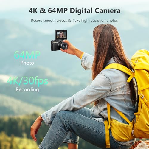4K Digital Camera for Photography, 64MP Vlogging Camera for YouTube with 3" 180° Flip Screen, 18X Digital Zoom Point and Shoot Camara with 32GB Micro SD Card for Beginner (Black) - color: YL15-W08-C-Black