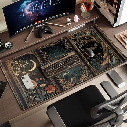 Celestial Lunar Nature Tarot Card Desk Mat 31.5''X15.7'' Dark Green Desk Pad Moon Botanical Floral Large Mouse Pad Extended Gaming Mousepad XXL Keyboard Mouse Mat for Computer Laptop Gamers - color: Celestial Lunar Nature