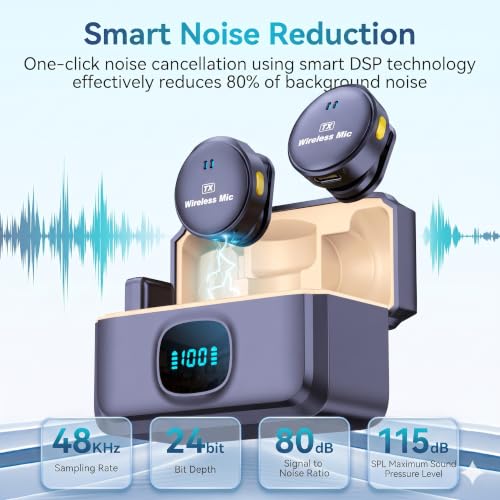 Vanshin Mini Wireless Lavalier Microphone for iPhone Android Camera, Dual Channel Wireless Microphones with AI Noise Cancellation, 1000ft Range, 40H Battery Case, Type-C, Lightning & USB Plug & Play