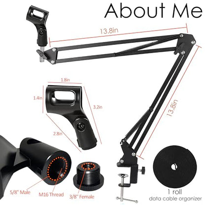Boom Arm Microphone Mic Stand, Flexible Long Arm Clamp Clip Stand with Mount Clamp, Mic Holder with 3/8'' 5/8'' Thread Cable Ties Metal Base, for Podcast, Rotatable Foldable Adjustable - BLACK