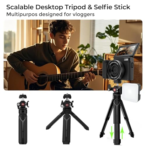 5K Vlogging Camera with WiFi 64MP 4K Digital Camera for Photography Vlog Camera with Flip Screen Video Camera for YouTube with Selfie Light, Desk Tripod, Batteries
