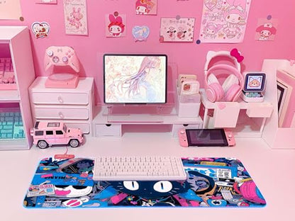 JMIYAV Pink RGB Gaming Mouse Pad 31.5x12 Inch PC XL Large Extended Glowing Led Light Up Desk Pad Non-Slip Rubber Base Computer Cute Mousepad Mat Desk Accessories Gaming Setup 102 - color: Neon Cat