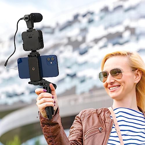 Vlogging Kit with Light and Microphone Pistol Grip Tripod | Studio LED Light, Professional Mini Portable Tripod Grip for Vlogging, TikTok, YouTube Videos | for Smart Phones Cameras