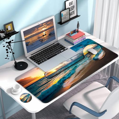Desk Mat Set + Keyboard and Mouse Pad with Wrist Rest Support,4-in-1 Large Mousepad Computer Mats for Desktop Home & Office-Sunset Sea - color: J-Sunset Sea