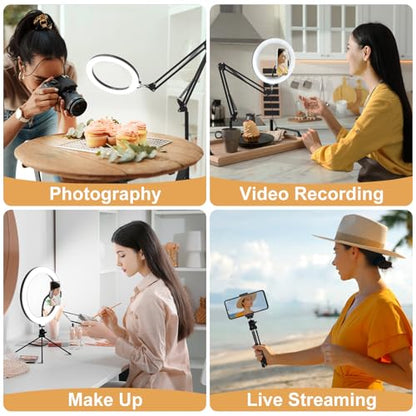 Yoobao 12" Ring Light with Stand, 81" Tripod with Overhead Foldable Arm, Phone Mount & Casters, 3 Light Modes & 10 Brightness, LED Selfie Light for Live Streaming YouTube TikTok Photography