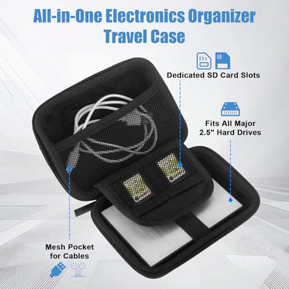 Hard Drive Case, Portable External Hard Drive Case Protective Storage Case | Shockproof Travel Tech Organizer Pouch with SD Card Slots, Mesh Cable Pocket, Electronic Storage Bag for Passport Hard Drives