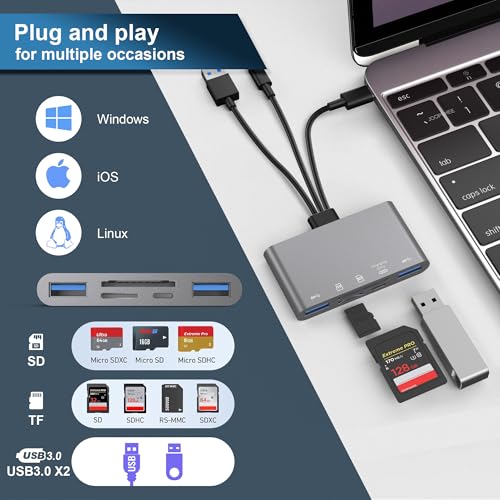 5-in-1 SD Card Reader,High-Speed USB 3.0 Adapter for Phone/Pad USB C/A Devices with TF&SD Card Slots, Supports SD/TF/SDHC/SDXC/MMC - color: Grey