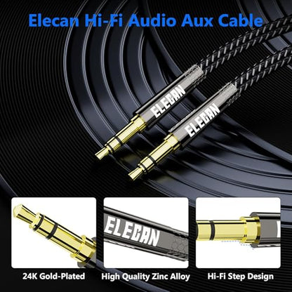 Elecan 3.5mm AUX Cable 35 Ft (Hi-Fi Sound-Zinc Alloy Case-OD 3.5MM-Ultra Slim&Soft) Auxiliary Stereo Audio Cable Braided 1/8 inch 3.5 mm AUX Cord for Headphones,Car,Home Stereos, Speaker,Phones - size: 35FT-1PK, style: Straight to Straight