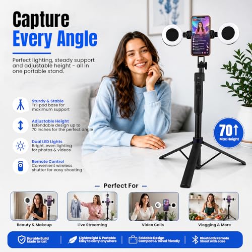 70" Auto Face Tracking Tripod for iPhone with Light, 360° Rotating Selfie Stick for Android with Remote & Gesture Control, Phone Holder Video Recording for Content Creators, TIKTok & Live Streaming