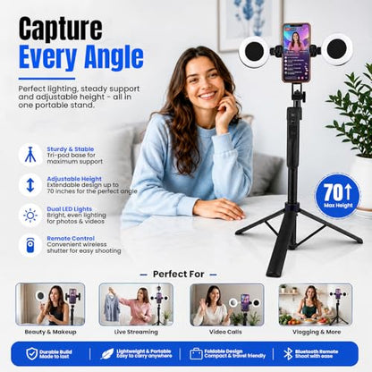 70" Auto Face Tracking Tripod for iPhone with Light, 360° Rotating Selfie Stick for Android with Remote & Gesture Control, Phone Holder Video Recording for Content Creators, TIKTok & Live Streaming