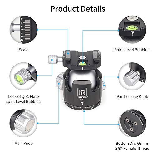 Low Profile Tripod Ball Head-INNOREL N52,Panoramic CNC Metal Camera Tripod Ball Head with Two 1/4" Screw Arca Swiss Quick Release Plates for Tripod,Monopod,DSLR,Camcorder,Max Load 66lbs/30kg - size: N52-Sliver