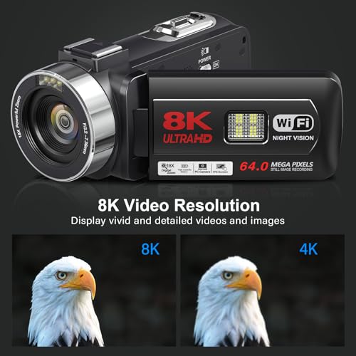 8K Video Camera Camcorder 64MP YouTube Vlogging Cameras IR Night Vision WiFi Webcam Camcorders with 18X Digital Zoom 3.0”Touch Screen Stabilizer, Mic, 64G SD Card, Remote Control and 2 Batteries