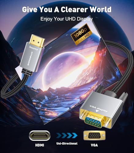 HDMI to VGA Adapter Cable 10FT [Metal Case, Nylon Cable] 1080P@60Hz HDMI Male to VGA Male Uni-Directional Braided Cord for Computer, Laptop, Monitor, Roku, Xbox, Graphics Card More - size: 10FT