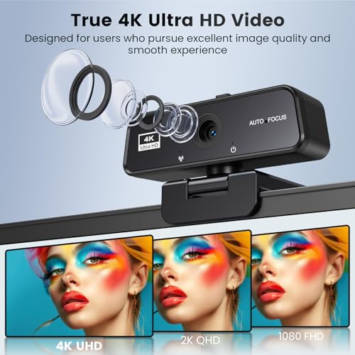 4K Webcam for PC & Mac with USB-C Adapter, 90° Wide-Angle Computer Camera with Microphone, Auto Light Correction, 360° Rotating Plug-and-Play Webcam for Zoom and Teams