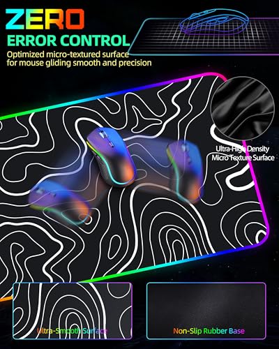 Wireless Charging Mouse Pad, RGB Gaming Mousepad, 31.5"x15.7" Extra Large Desk Pad, 13 Light Modes, Non-Slip Base, Waterproof Computer Keyboard Mat for MacBook, PC, Laptop, Black Topographic Line - color: Black Topographic