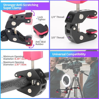 22" Articulating Magic Arm Camera Mount, Desk Clamp Overhead Mount | Anti-deflection lock, anti-slip pads, 0.55lb load, 1/4 3/8 5/8 adapters, aluminum, POV, light, phone, webcam, mic, vlogging