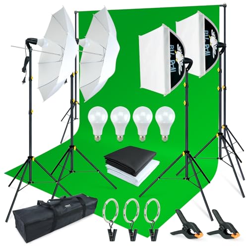 LINCO Lincostore Photo Video Studio Light Kit AM174 - Including 3 Color 5x10ft Backdrops (Black/White/Green) Background Screen