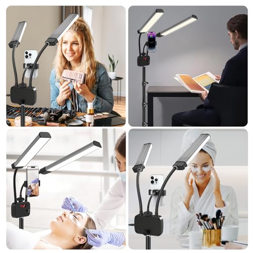 Selfie Light with 75'' Tripod Stand, Dimmable 3 Color LED Dual Arms Ring Light with Phone Holder & Carry Bag for Lash Tattoo Video Photography 45W 95CRI Tripod Floor Lamp