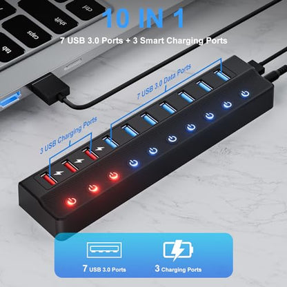 ONFINIO Powered USB Hub, 10-Port USB Splitter Hub (7 Faster Data Transfer Ports+ 3 Smart Charging Port) with Individual LED On/Off Switches and 12V/3A Power Adapter USB Extension for Mac, PC and More - style: 10 PORT QC 3.0