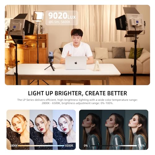 Godox LP600Bi Led Video Light Panel Light with Barndoor, 2-Pack Bi-Color 2800K~6500K 65W Soft Lights with Light Stand, APP Control CRI96+ 9020Lux LED