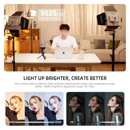 Godox LP600Bi Led Video Light Panel Light with Barndoor, 2-Pack Bi-Color 2800K~6500K 65W Soft Lights with Light Stand, APP Control CRI96+ 9020Lux LED