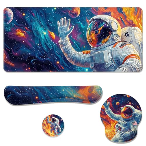 Cosmic Astronaut Desk Mat Set Colorful Galaxy Art Large Mouse Pad with Wrist Rest 4in1 Desk Mat for Desktop Ergonomic Keyboard Wrist Support Anti-Slip Computer Ergonomic Mouse Pad Home Office Gaming - color: Cosmic Astronaut
