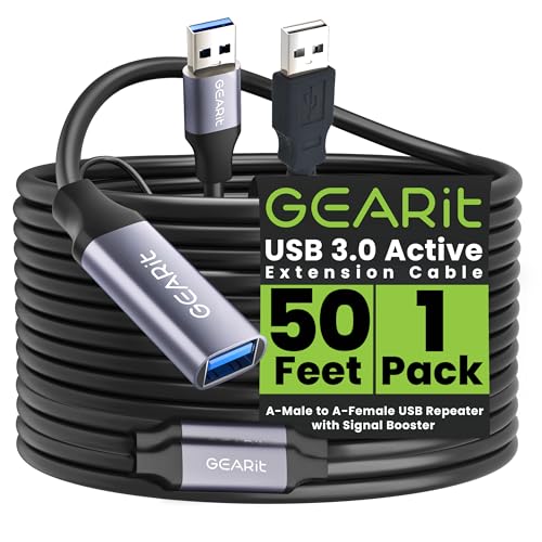 GEARit USB 3.0 Active Extension Cable (50 Feet) A-Male to A-Female USB Repeater with Signal Booster for Oculus Rift, Quest Link, Xbox 360 Kinect, PlayStation, Printer, Webcam - 50ft - size: 50 Feet
