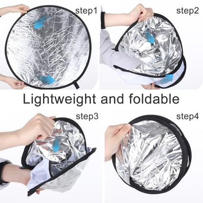 Round Folding Portable Photography Reflector, 2 in 1 Lighting Reflectors, Camera Photo Reflector Diffuser, Light Reflectors for Portrait Photography, Still Life Fill Light (18inch/45cm, Silver, White)