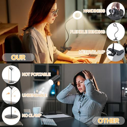 Foneso Desk Lamp Clip on Light, 48 LED USB Lamp with 3 Color Modes 10 Brightness Levels, 360° Flexible Gooseneck Eye Protection Bed Night Light for Reading, Makeup, Craft (Black) - size: 1 Pack