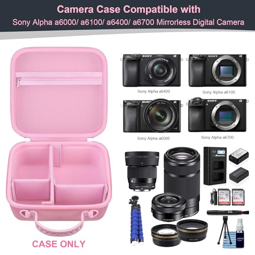 RAIALL Camera Case for Sony Alpha a6000/a6400/a6700/ Sony Alpha 7 II III IV/7R V/ZV-E10 Mirrorless Digital Camera and Lens, Vlogging Camera Hard Travel Bag with a Shoulder Strap and 3 Dividers, Pink - color: Pink