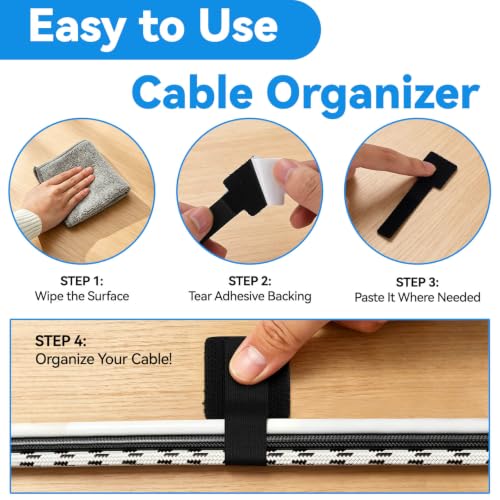 80 Pcs Cable Management Under Desk, Cord Organizer, Reusable Hook and Loop Cable Ties, Computer Accessories for Desk, Home Office Essentials, Black, White, Grey