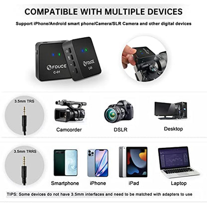 FDUCE UHF Wireless Lavalier Microphone System for Phone & Camera, Mini Portable Clip On Condenser Microphone, Lapel Microphone Wireless for YouTube, Podcast, Interview, Streaming, ASMR Recording