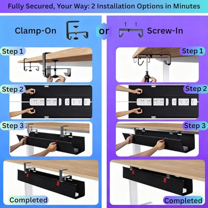 Under Desk Cable Management Tray, 48" Extra Large No Drill Cord Organizer with Easy to Clean Oxford Fabric, Clamp On Power Stripe Holder for Office, Home Office & Gaming Space - size: Extra Large (48 inch)