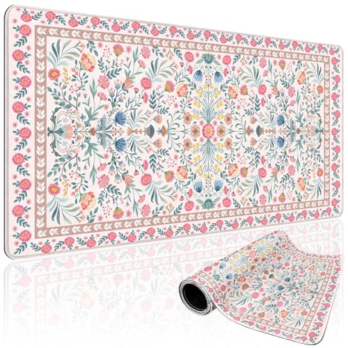 Pink Floral Desk Mat 31.5"x15.7" | Extra Large Mouse Pad, Non-Slip Rubber Base, Waterproof Desk Blotter, Stitched Edges, Smooth Computer Mat Office - color: Pink Floral