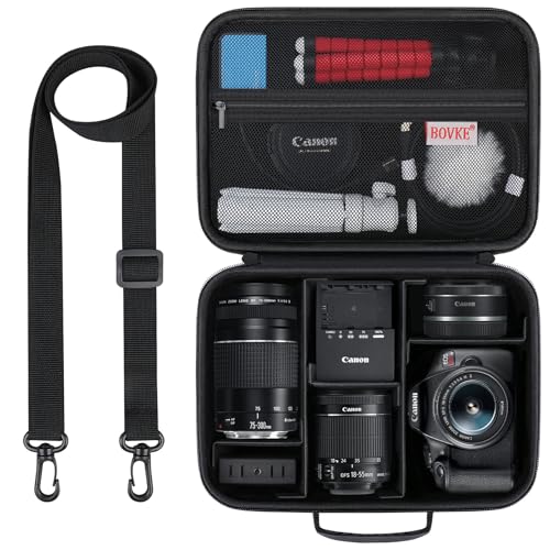 BOVKE Carrying Case for Canon EOS Rebel T7 / R50 / R6 Mark II / R100 Cameras, Storage Case for Canon, Sony, Nikon DSLR SLR Cameras, Lens, Tripod and Accessories, Shoulder Strap with 5 Dividers, Black - color: Black+Black
