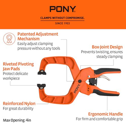 PONY 2-Pack 4-Inch Quick-Release Ratcheting Wood Clamps for Woodworking, Professional Hand Clamps with Box-Joint Design, Ergonomic Handles, 40 LBS Clamping Force