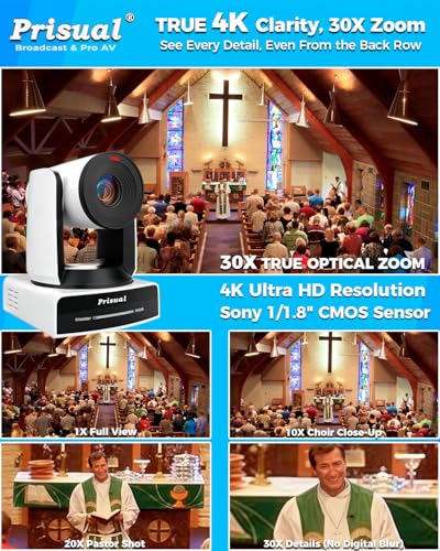 Prisual Ultra 4K PRO NDI PTZ Camera Gen 5, 30x Optical Zoom, 1/1.8" UHD CMOS 8.42MP, 4K 60P AI Tracking, HDMI SDI USB3.0&2.0 for Church, Freed Support(Official NDI 6 & NDI HX3 Certified)TEM-4K30N PRO - color: White