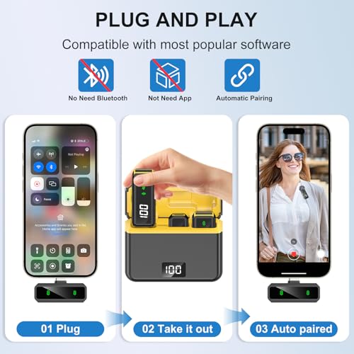 Mini Lavalier Microphone for iPhone/Android/PC, Lav Mic with 45H Battery, Noise Cancellation, 48KHz 16-Bit, Wireless Mic for Video Recording, Tiktok, YouTube, Vlog (Black+Yellow)
