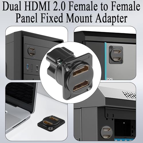 QIANRENON Dual HDMI 2.0 Panel Mount HD Display Adapter 4K HDMI 2.0 Female to Female Fixed Mount HDTV Connector 2 Port HDMI Feedthrough Bulkhead Mount Socket, for TV Projector Multimedia Display