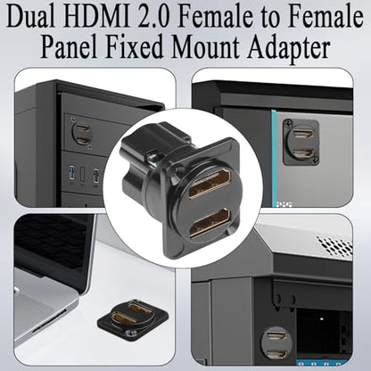 QIANRENON Dual HDMI 2.0 Panel Mount HD Display Adapter 4K HDMI 2.0 Female to Female Fixed Mount HDTV Connector 2 Port HDMI Feedthrough Bulkhead Mount Socket, for TV Projector Multimedia Display