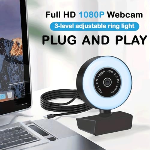 1080P Full HD Webcam Ring Light 3-Level Dimming 360 Rotating Base USB Plug-and-Play for Video Calls, Classes, Streaming, Black - color: Black