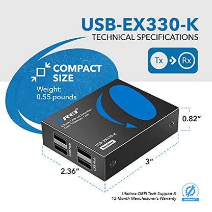 OREI USB 2.0 Extender Over Ethernet up to 330 Feet, USB Over Cat6/Cat7 LAN Cable Extension Kit with 4 USB Ports, 480Mbps Data Transfer, Plug & Play, Supports Webcam/Printer/Keyboard - USB-EX330-K