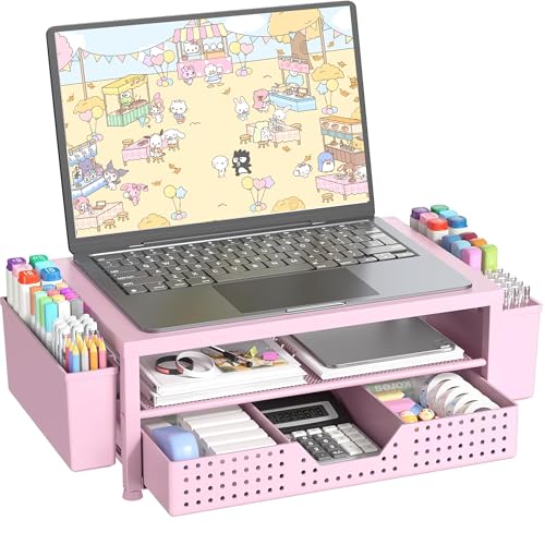 OPNICE Laptop Stand for Desk Organizer and Accessories, 2-Tier Computer Monitor Stand Riser with Drawer and 2 Pen Holders, Ventilated Perforated Steel Top, Office Desk Accessories for Home Office Supplies, Pink - color: Pink, size: Single