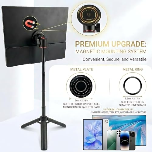 Portable Travel Monitor Stand, Height Adjustable Magnetic Metal Tripod Mount for 15.6'' Portable Monitor, Foldable Vertical Screen Holder Fits 4.7-18.5'' Monitors & Tablets/Smartphones