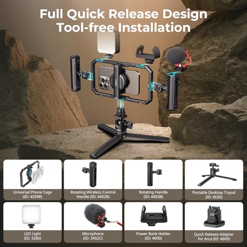 SmallRig Pro Phone Stabilizer Video Rig Kit, All-in-One Creator Bundle with LED Light, Mic,Table Tripod, Dual Handles for Live Streaming, for Creator, for iPhone 17/16/15 Pro, Android