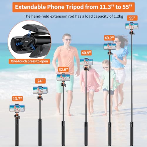 VRIG TP16 Camera Tripod, 55" Extendable Phone Selfie Stick Camera Tripod Stand with 2 in 1 Phone Clip, 5 Levels Adjustment 360° Ball Head Loads Up for DJI OSMO Pocket 4/3 Insta360 X5 iPhone Sony Canon - color: A0085