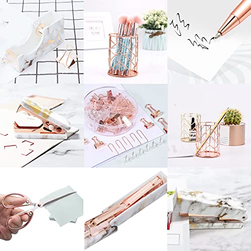 Rose Gold Marble Desk Accessories, Office Supplies Set Stapler Staple Remover, Tape Holder, Pen 2 Ballpoint Pen, Scissor, Binder Clips, Paper Clips and 1000pcs Staples - color: Marble Rose Gold